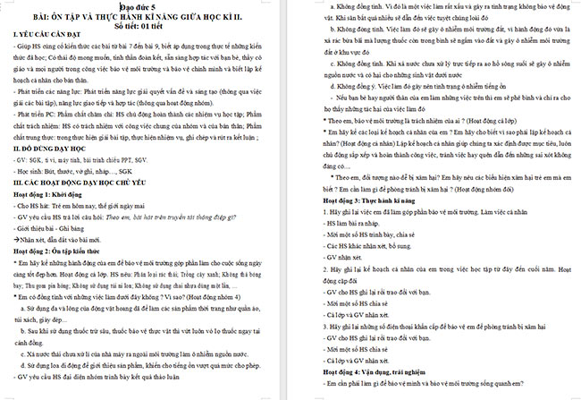 Giáo án Đạo đức 5 Ôn tập giữa học kì 2