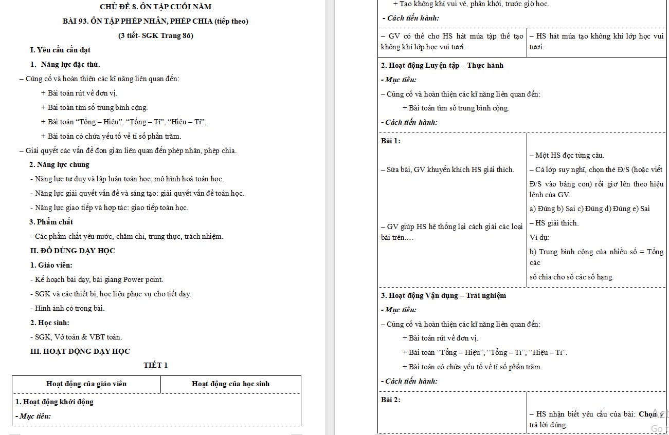 Giáo án Toán 5 Bài 93 file word