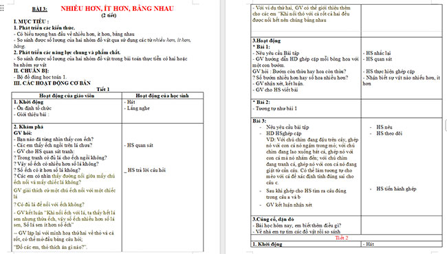 Giáo án Toán 1 Bài 3: Nhiều hơn, ít hơn, bằng nhau