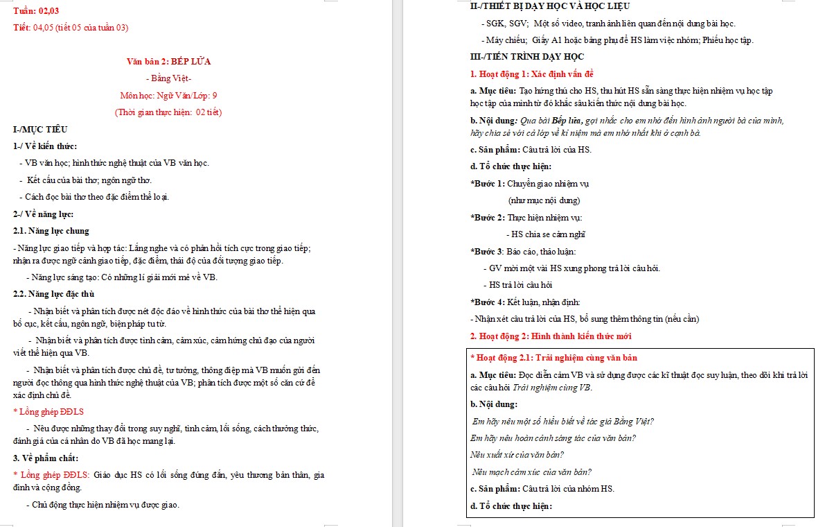 Giáo án Bếp lửa Ngữ văn 9 CTST
