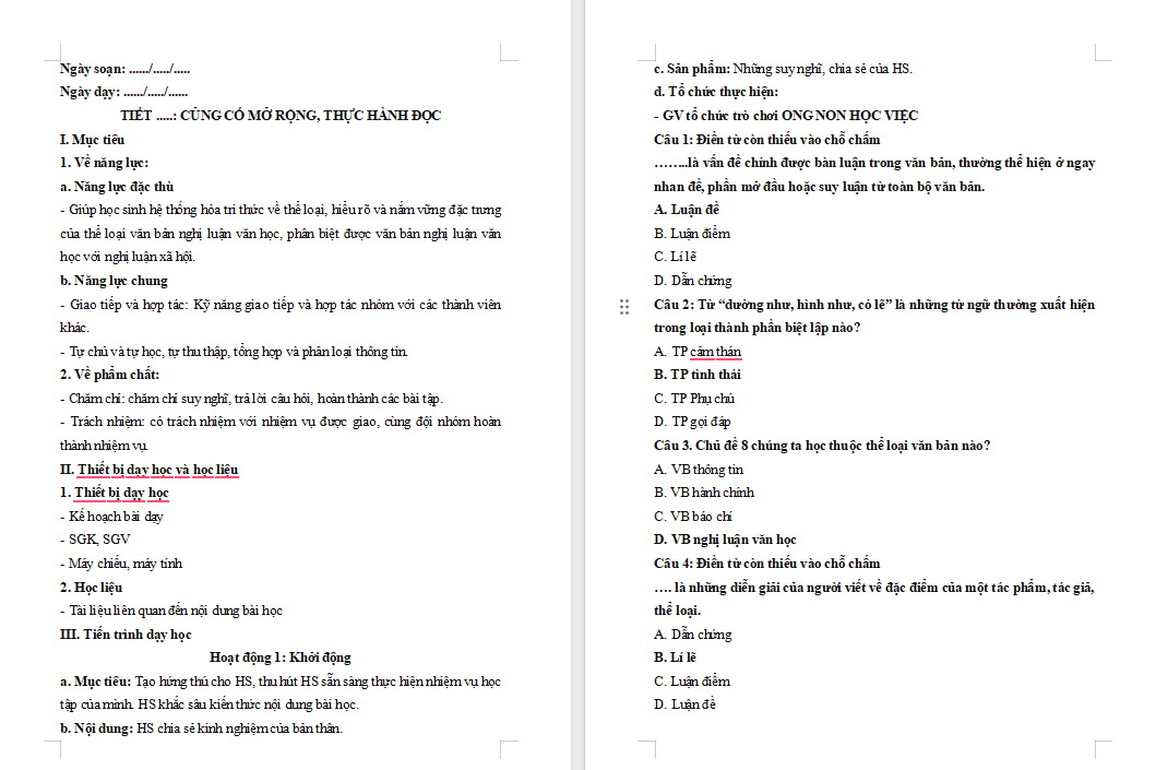 Ngữ văn 8 Bài 8: Củng cố mở rộng