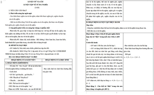 Giáo án Tiếng Việt 5 Luyện tập về từ đa nghĩa