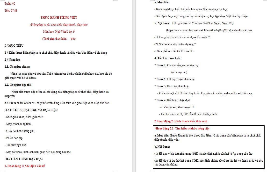 Giáo án Thực hành tiếng Việt trang 20 Ngữ văn 9 CTST