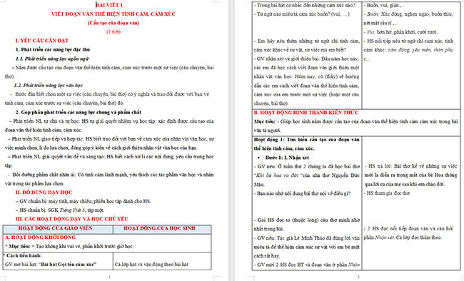 Giáo án Tiếng Việt 5 Viết đoạn văn thể hiện tình cảm, cảm xúc (Cấu tạo của đoạn văn)