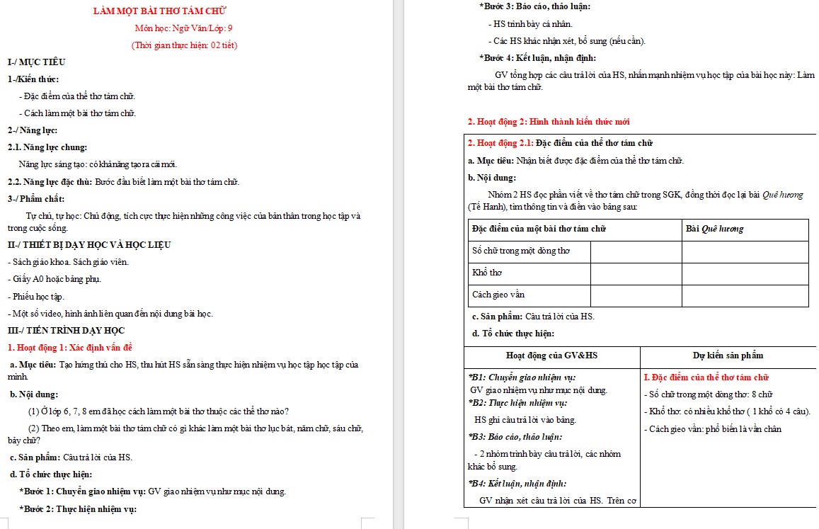 Giáo án Làm một bài thơ tám chữ Ngữ văn 9 CTST