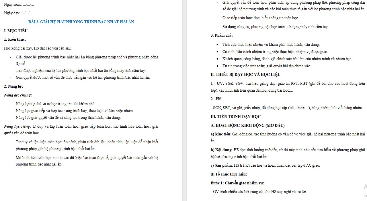 Giáo án Toán 9 Bài Giải hệ hai phương trình bậc nhất hai ẩn file word