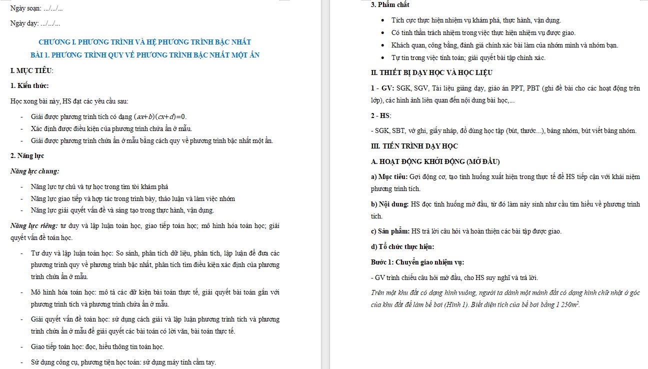 Giáo án Toán 9 Bài Phương trình quy về phương trình bậc nhất một ẩn file word