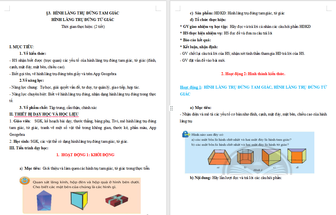 Hình lăng trụ đứng tam giác Hình lăng trụ đứng tứ giác