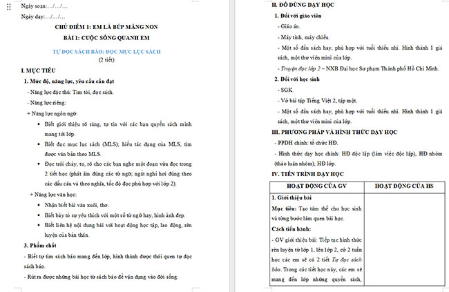 Giáo án Tiếng Việt 2 Đọc mục lục sách