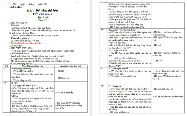 Giáo án Tiếng Việt 2 Viết chữ hoa A