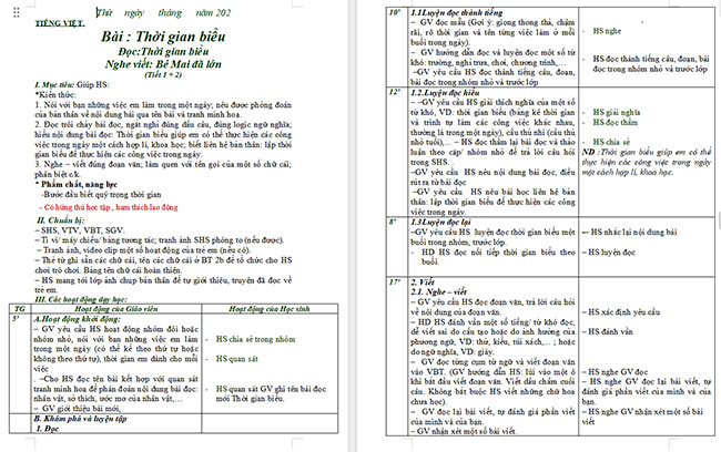Giáo án Tiếng Việt 2 Đọc Thời gian biểu