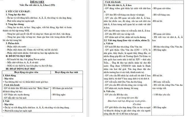 Giáo án Tiếng Việt 3 Ôn chữ hoa A, Ă, Â