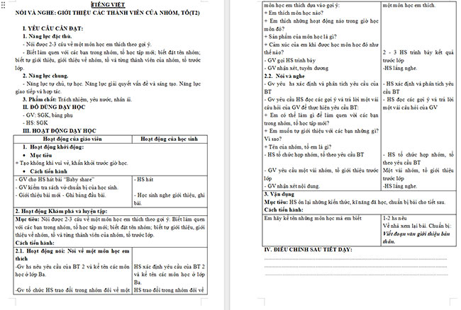 Giáo án Tiếng Việt 3 Giới thiệu các thành viên của tổ, nhóm