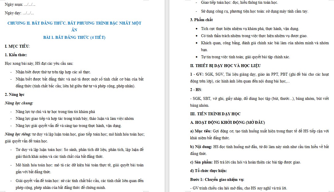 Giáo án Toán 9 Bài Bất đẳng thức file word