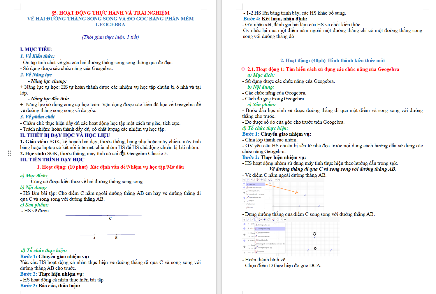 Vẽ hai đường thẳng song song và đo góc bằng phần mềm GeoGebra
