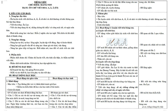 Giáo án Tiếng Việt 3 Ôn chữ hoa A, Ă, Â