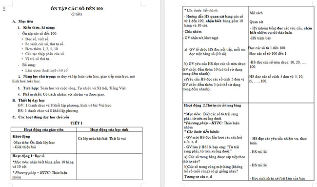 Giáo án Toán 2 Ôn tập các số đến 100