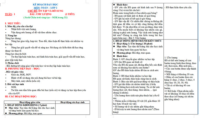 Giáo án Toán 2 Ước lượng
