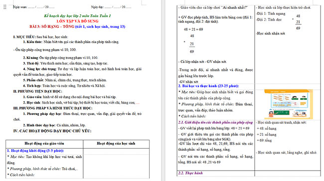 Giáo án Toán 2 Số hạng - Tổng