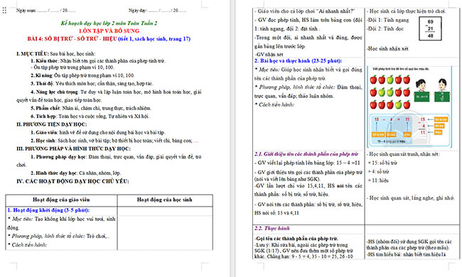 Giáo án Toán 2 Số bị trừ - Số trừ - Hiệu