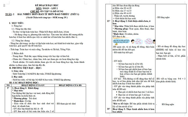 Giáo án Toán 2 Nhiều hơn hay ít hơn bao nhiêu