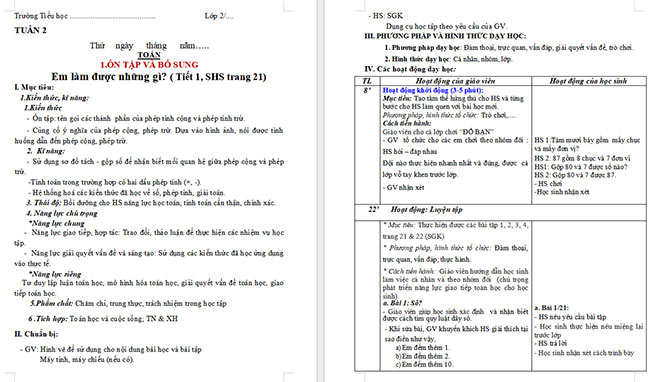 Giáo án Toán 2 Em làm được những gì trang 21