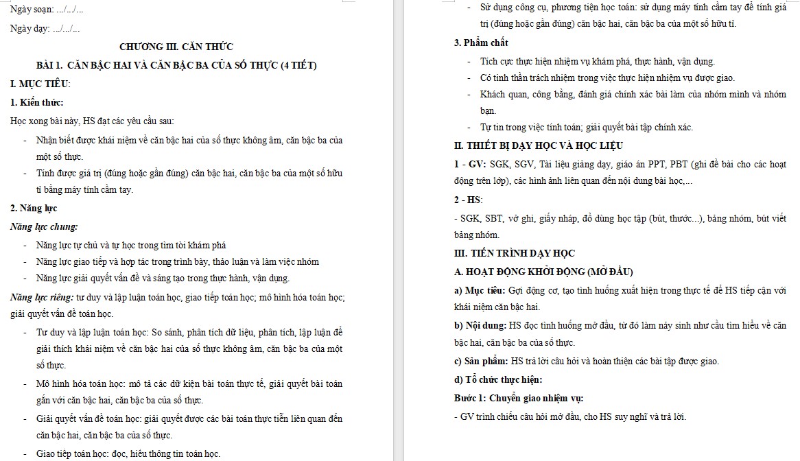 Giáo án Toán 9 Bài Căn bậc hai và căn bậc ba của số thực file word