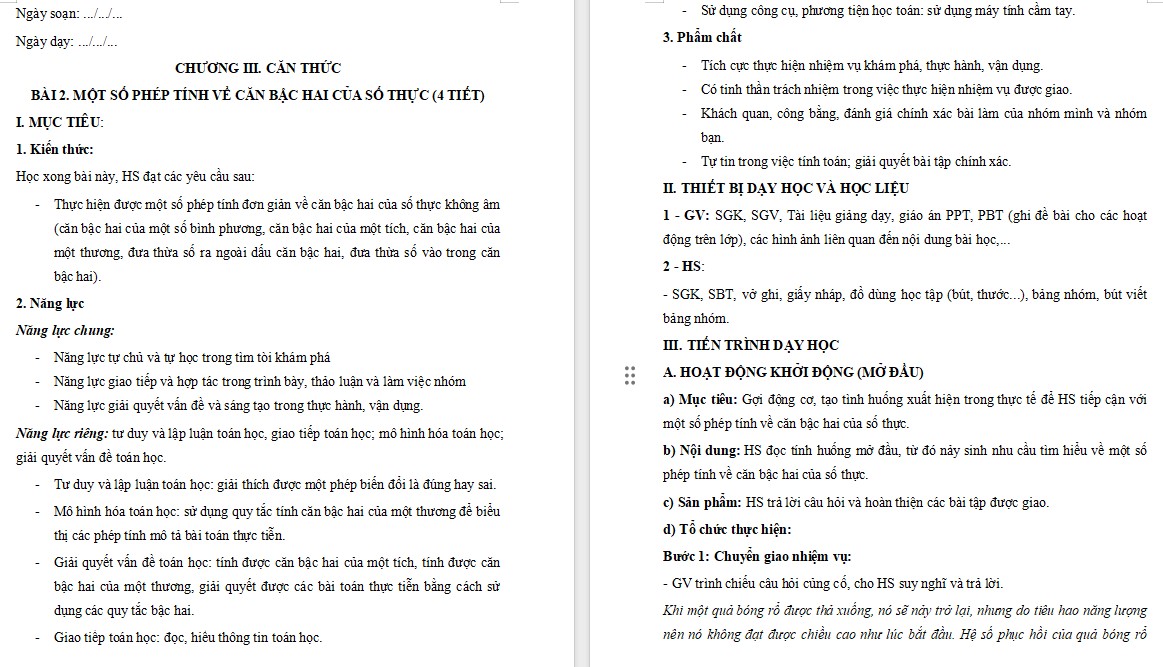 Giáo án Toán 9 Bài Một số phép tính về căn bậc hai của số thực file word