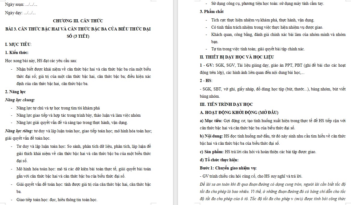 Giáo án Toán 9 Bài Căn thức bậc hai và căn thức bậc ba của biểu thức đại số file word