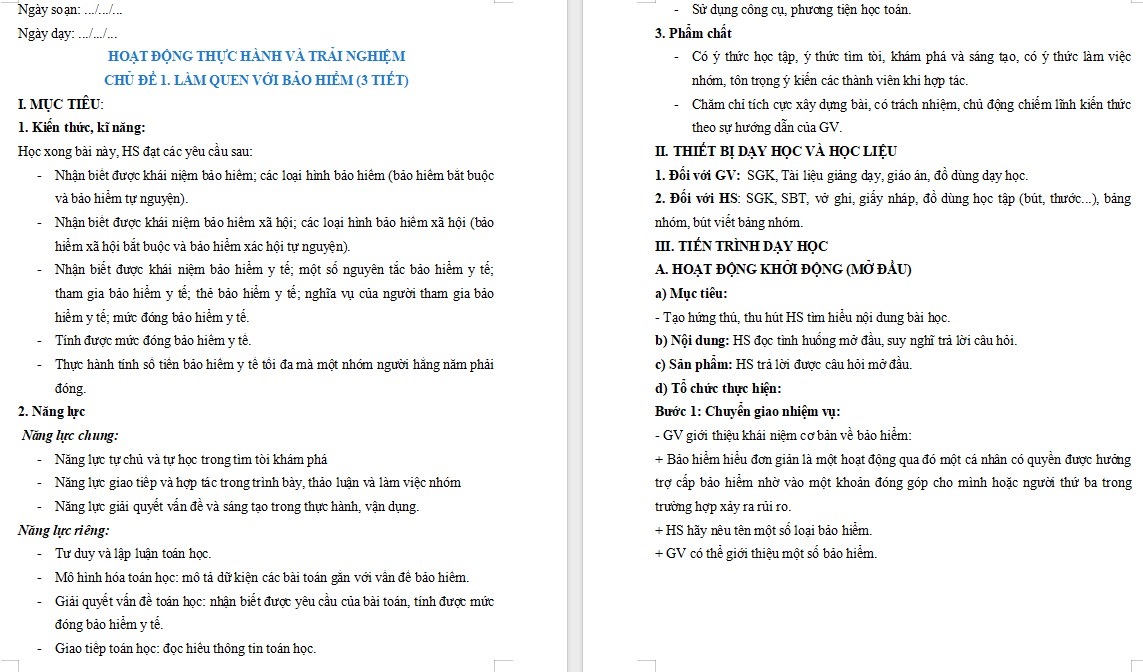 Giáo án Toán 9 Bài Làm quen với bảo hiểm file word