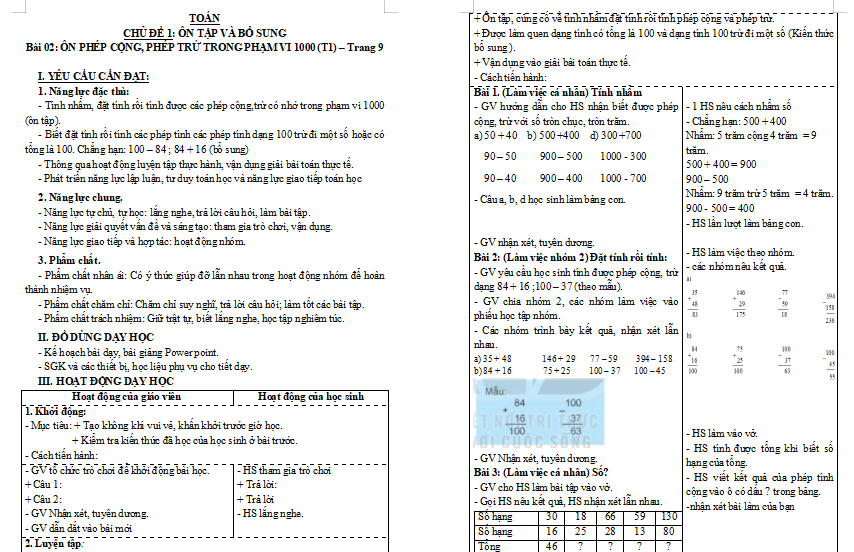 Bài 2: Ôn tập phép cộng, phép trừ trong phạm vi 1000