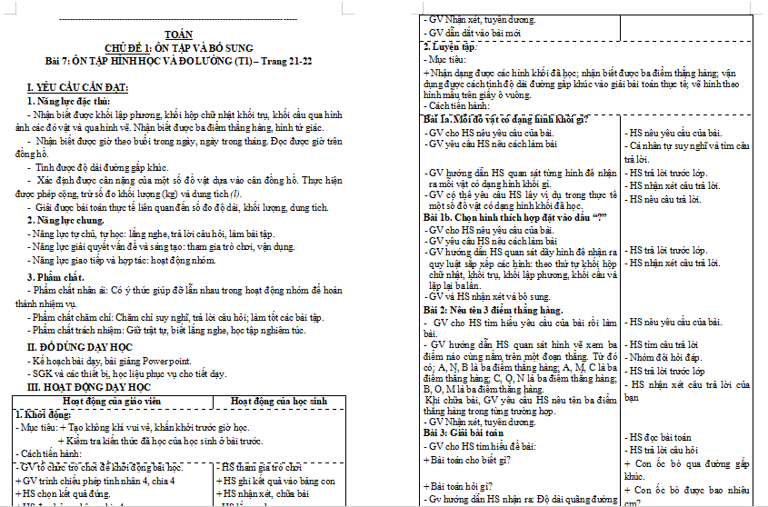Bài 7: Ôn tập hình học và đo lường