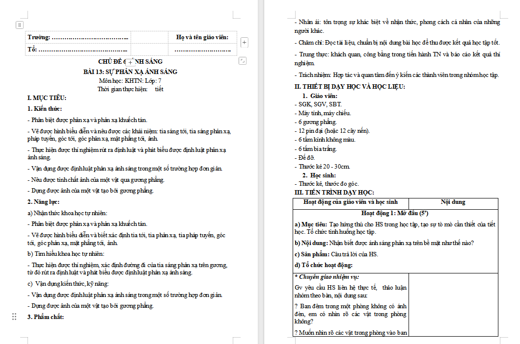  Khoa học tự nhiên 7 Bài 13: Sự phản xạ ánh sáng