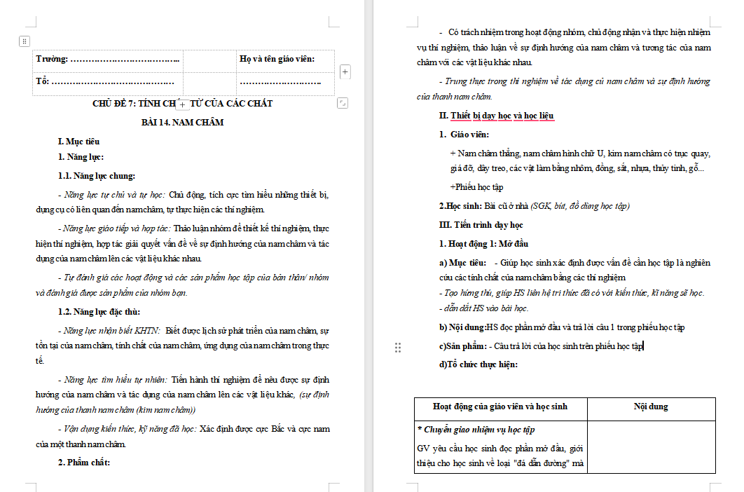 Giáo án KHTN 7 Cánh diều Bài 14: Nam châm