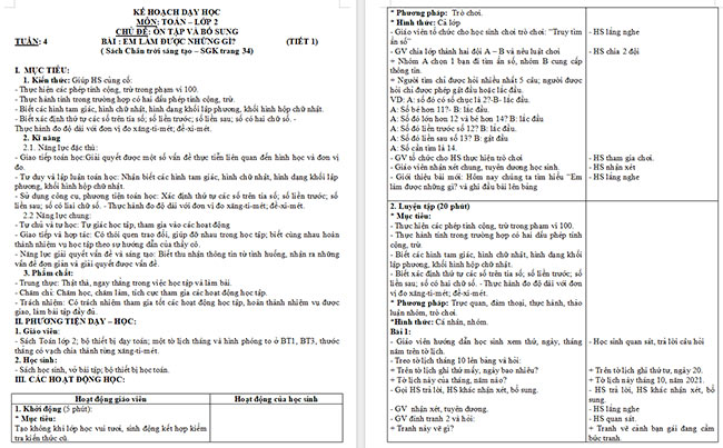 Giáo án Toán 2 Em làm được những gì trang 34