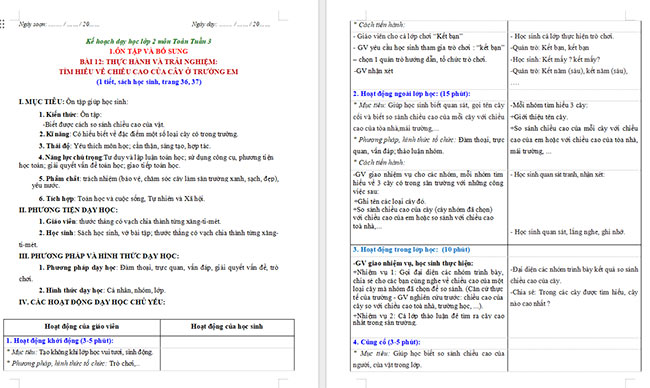 Giáo án Toán 2 Tìm hiểu về chiều cao của cây ở trường em