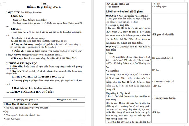 Giáo án Toán 2 Điểm - Đoạn thẳng