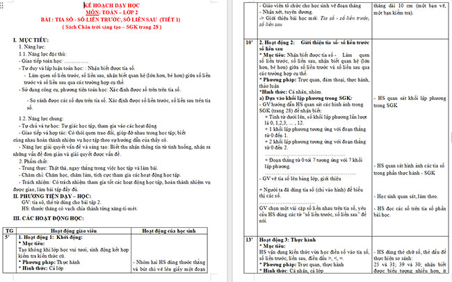 Giáo án Toán 2 Tia số - Số liền trước, Số liền sau