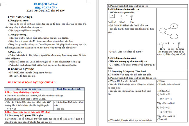 Giáo án Toán 3: Tìm số bị trừ, tìm số trừ