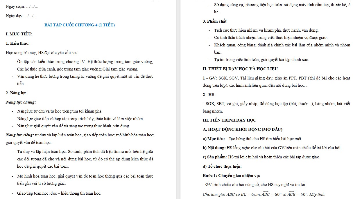 Giáo án Toán 9 Bài tập cuối chương IV file word