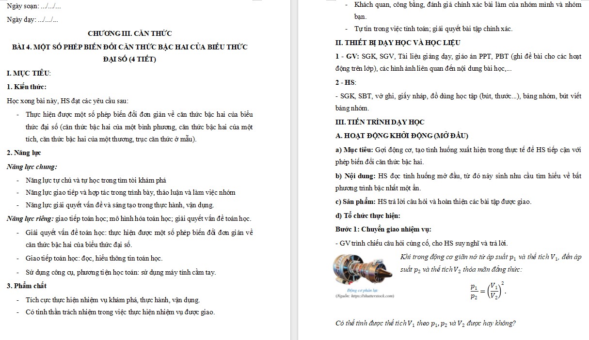 Giáo án Toán 9 Bài Một số phép biến đổi căn thức bậc hai của biểu thức đại số file word