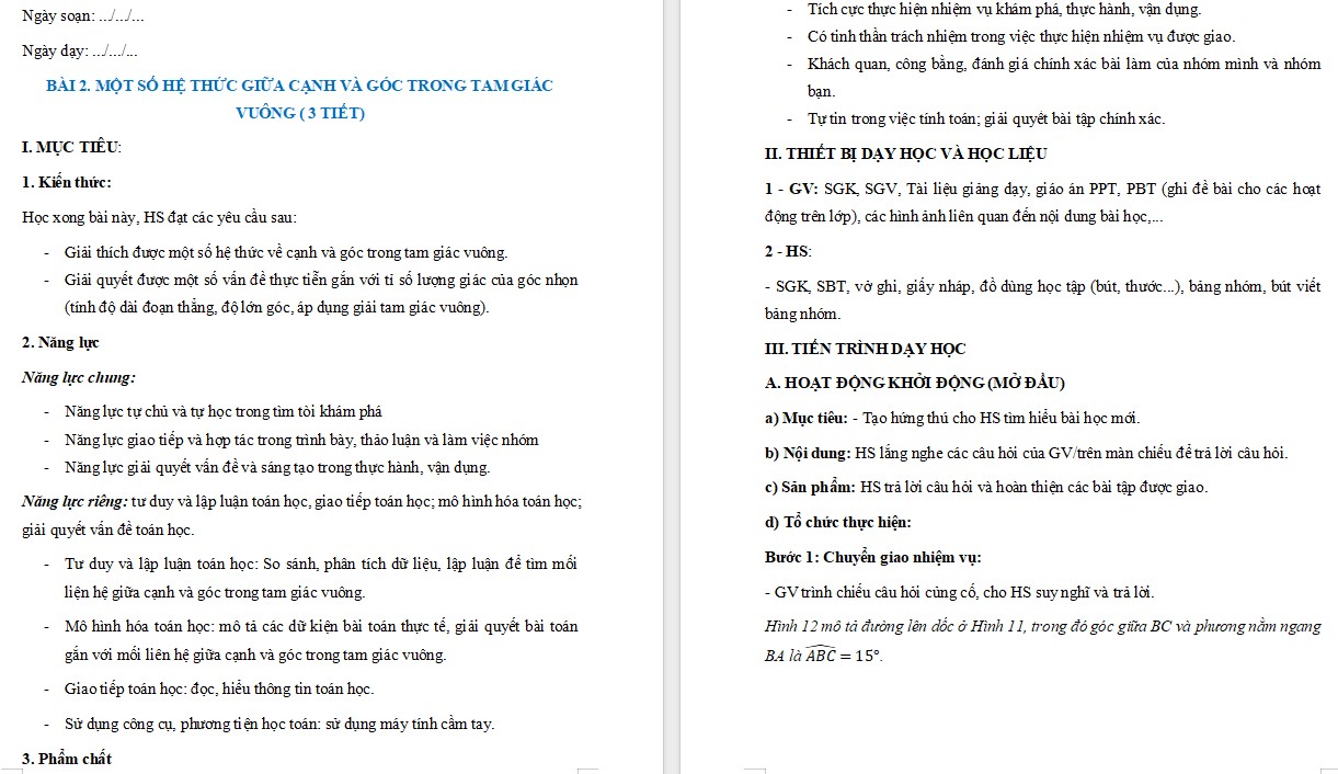 Giáo án Toán 9 Bài Một số hệ thức về cạnh và góc trong tam giác vuông file word
