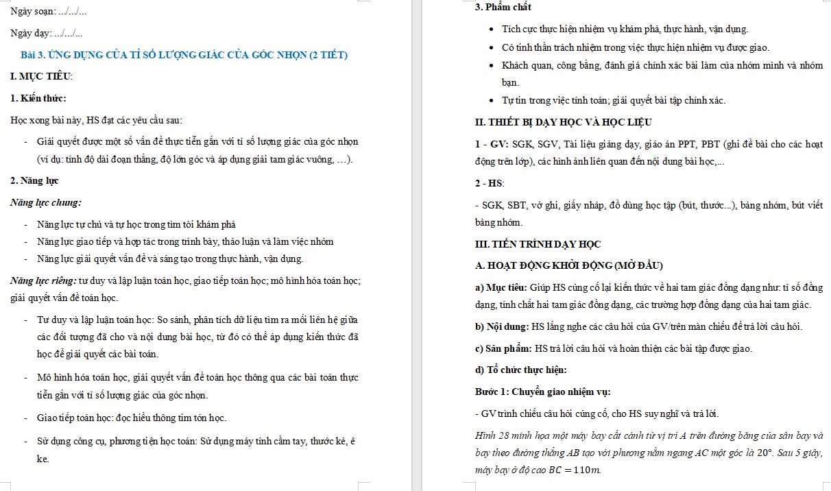 Giáo án Toán 9 Bài Ứng dụng của tỉ số lượng giác của góc nhọn file word