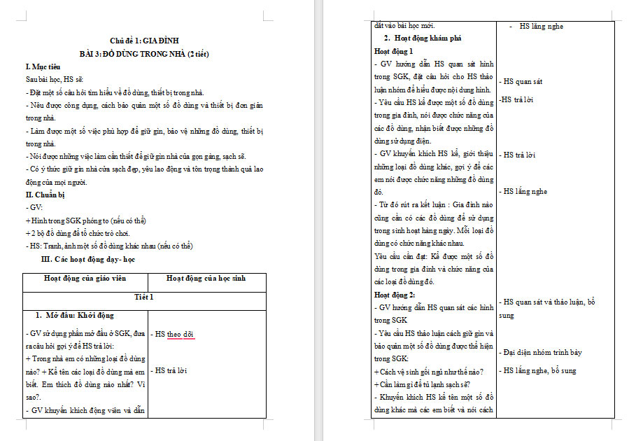 Tự nhiên và xã hội 1 bài 3: Đồ dùng trong nhà