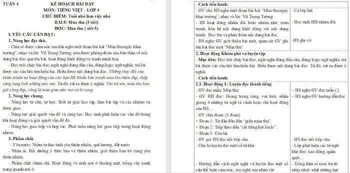 Giáo án Tiếng Việt 4: Mùa thu