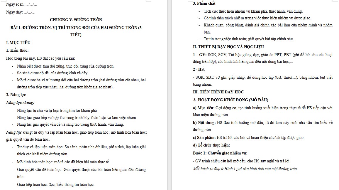 Giáo án Toán 9 Bài Đường tròn. Vị trí tương đối của hai đường tròn file word