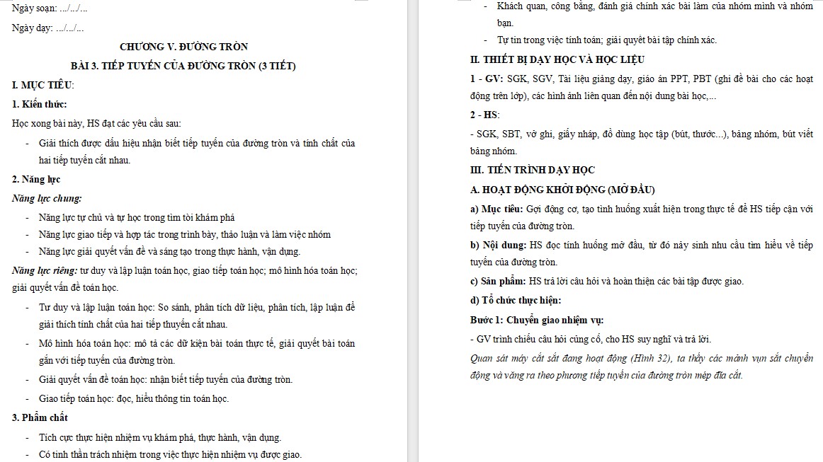 Giáo án Toán 9 Bài Tiếp tuyến của đường tròn file word