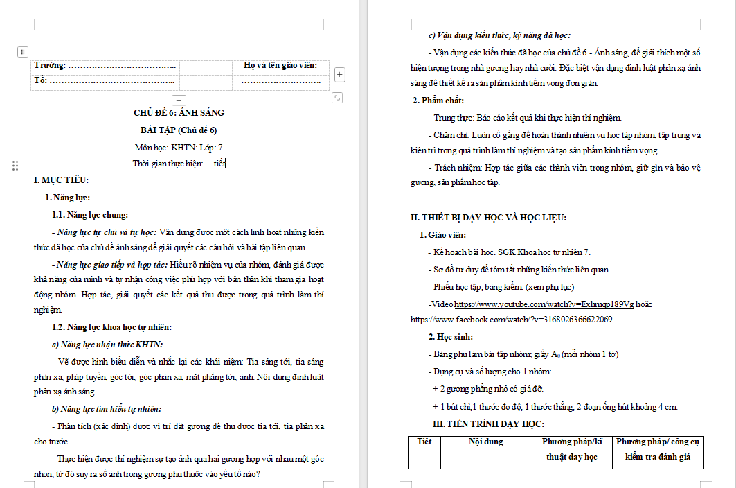 Giáo án Khoa học tự nhiên 7 Bài tập Chủ đề 6