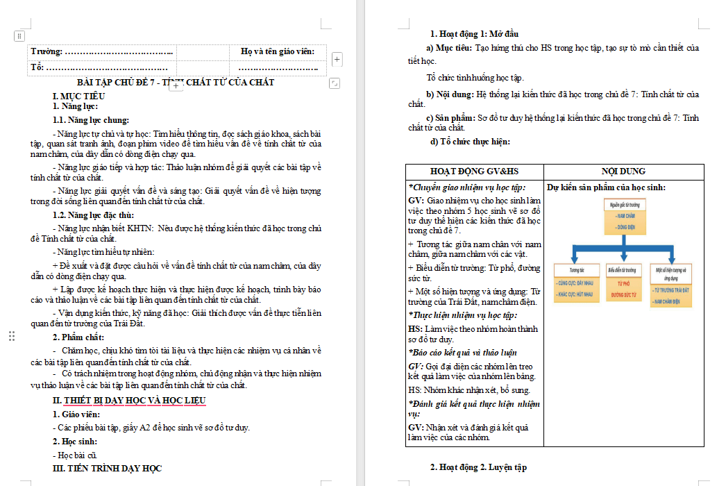Giáo án Khoa học tự nhiên 7 Bài tập Chủ đề 7