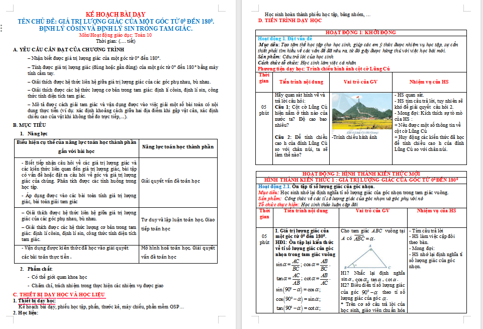 PowerPoint Toán 10 Bài 1: Giá trị lượng giác của một góc từ 00 đến 1800 Định lý côsin và định lý sin trong tam giác